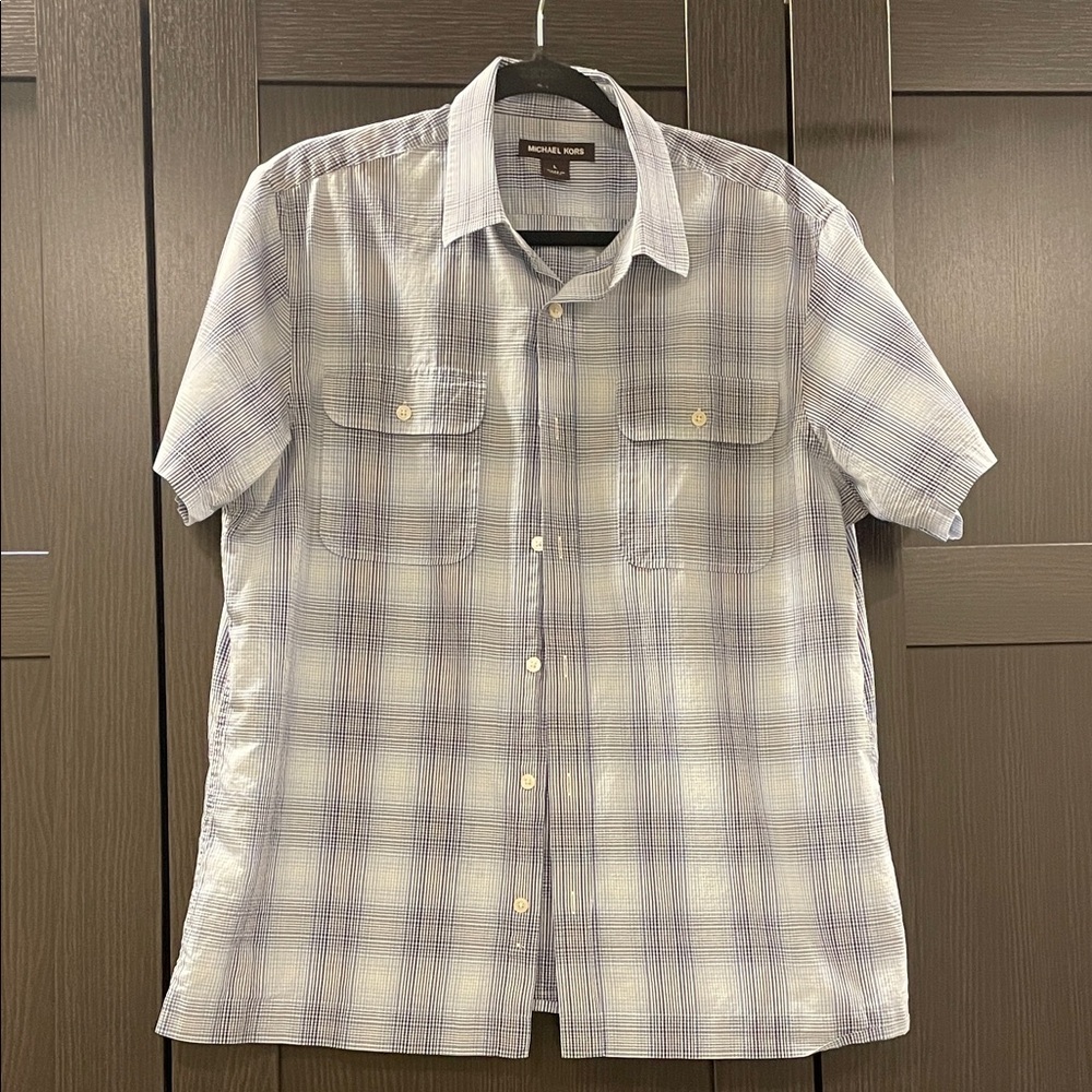 Michael Kors Men's Light Blue and White Plaid Shirt